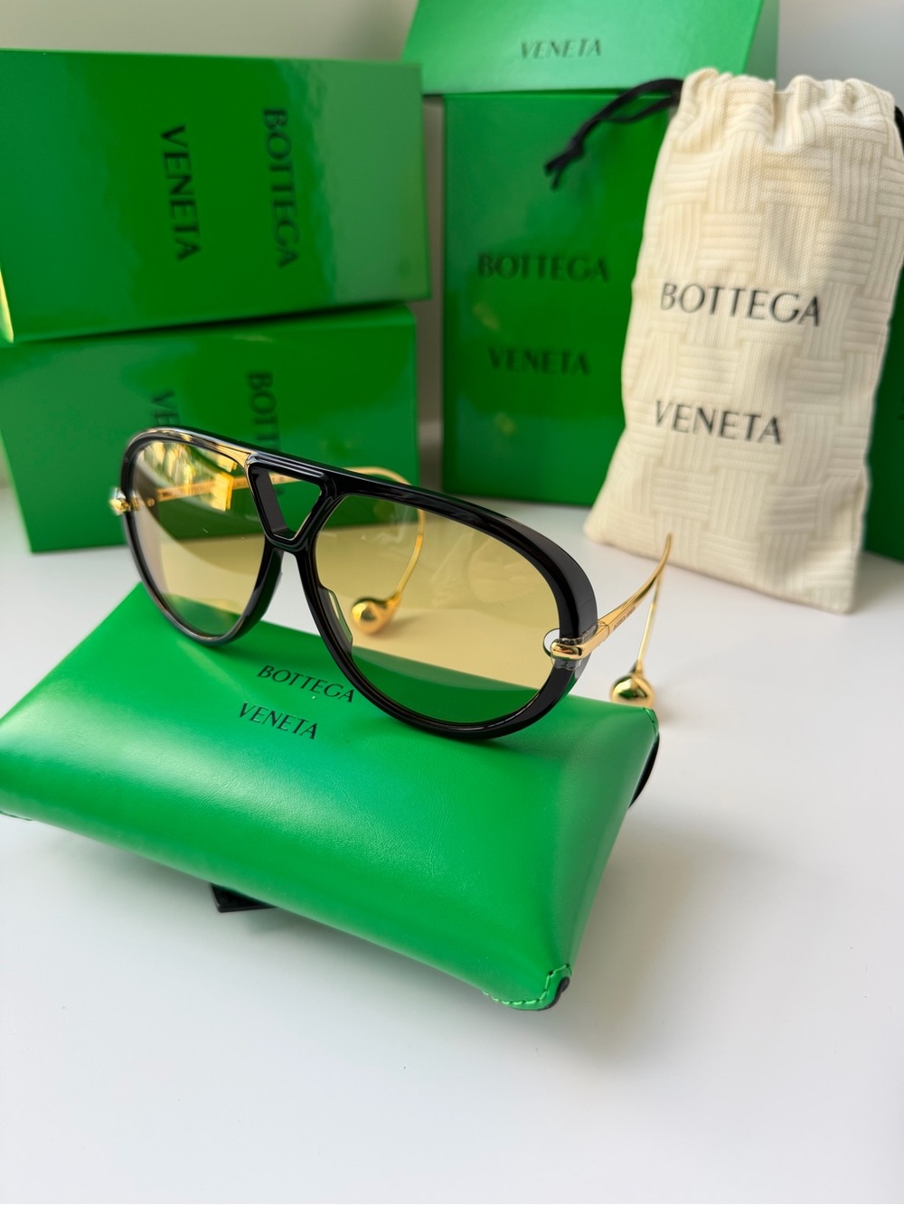 BOTTEGA VENETA BV 1273S 003 Black Gold Yellow Lens Earrings Sunglasses AUTHENTIC - Picture 3 of 12